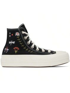 Converse 
Black Chuck Taylor  Star Lift Platform Enchanted Garden Sneakers 
High-top canvas sneakers in black. Graphics embroidered in multlor throughout. 
. Rubber cap toe 
. Lace-up closure 
. Leather logo patch at inner side 
. Eyelets at inner side 
. Mesh lining 
. OrthoLite® padded footbed 
. Rubberized logo patch at heel 
. Rubber platform midsole 
. Treaded rubber outsole 
. Contrast stitching in white 
. Platform: H1.25 in 
Supplierlor: Black/Black/Egret 
Upper: textile. Sole: rubber. Black High Top Converse Platform, Black Converse Mid-top Platform Sneakers, Converse Black Mid-top Platform Sneakers, Black Platform Converse High-top Sneakers, Black Converse High-top Sneakers For Outdoor, Black Chuck Taylors, Casual Athletic Shoes, Converse Black, White Platform