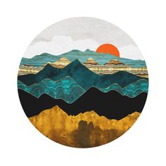 a round painting with mountains and the sun in the sky on it's side