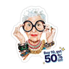 an old woman with glasses and jewelry on her face