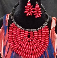 Nwot African Handmade Wood Necklace Set In Red Red Coral Beaded Necklace With Wooden Beads, Unique Red Necklace With Large Beads, Red Wooden Beads Jewelry For Gift, Red Wooden Beads Jewelry As A Gift, Red Wooden Beads Jewelry Gift, Wood Necklace, African Jewelry, Handmade Wood, Lady In Red