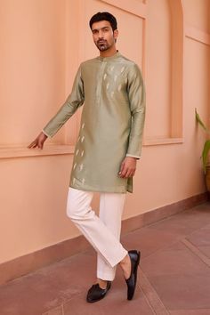 Sage green kurta with marodi and dori embroidery. Paired with a pant. - Aza Fashions Green Kurta With Dabka For Navratri, Green Kurta For Traditional Ceremonies, Green Dabka Kurta For Eid, Unstitched Pista Green Kurta With Traditional Drape, Unstitched Pista Green Kurta In Traditional Drape, Traditional Pista Green Lawn Suit For Festive Occasions, Green Sherwani For Traditional Ceremonies And Transitional Season, Green Sherwani For Transitional Traditional Ceremonies, Green Sherwani For Traditional Ceremonies During Transitional Season