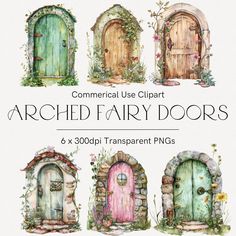 an assortment of fairy doors with flowers and vines on the outside, in pastel colors