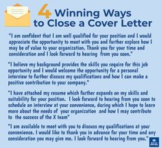 an email cover letter with the words 4 winning ways to close a cover letter