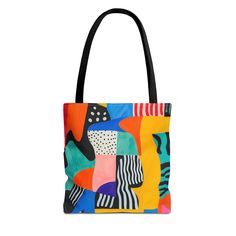 Make a bold statement with this vibrant tote bag, featuring an eclectic mix of colors, patterns, and abstract shapes. The lively design brings a burst of energy and creativity to your everyday style, making this tote the perfect accessory for those who love to stand out. Whether you're heading to the market, school, or a casual outing, this tote adds a playful and artistic touch to your look. Why Choose Our Tote Bags: At our store, we take pride in offering premium, high-quality tote bags that are both stylish and durable. Made with 100% polyester, a medium-weight fabric (6.49 oz/yd² (200 g/m these bags are highly durable and perfect for everyday use. Our designs are screen-printed with precision, ensuring vibrant colors and long-lasting patterns that won't fade over time. All tote bags co Multicolor Upcycled Tote Bag, Playful Multicolor Tote Shoulder Bag, Pop Art Tote Bag, Artsy Multicolor Tote Bag, Multicolor On-the-go Canvas Tote Bag, Creative Accessories, Sewing Bags, Abstract Styles, Abstract Shapes