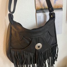 New Without Tags. In Great Condition. Strap Is Adjustable And Can Be Worn As A Crossbody Or As A Shoulder Bag. Black Hobo Bag With Fringe For Daily Use, Black Fringe Hobo Bag For Daily Use, Black Fringe Hobo Bag For Everyday, Black Leather Hobo Bag With Snap Closure, Black Leather Shoulder Bag With Snap Closure, Genuine Leather Bags, Country Girls, Crossbody Bags, Leather Bag