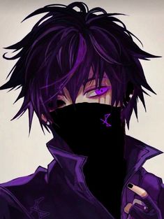 an anime character with purple hair wearing a black mask