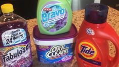 several different types of cleaning products on a counter