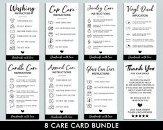 8 care card templates with black and white text on the front, one is for each