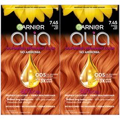 PRICES MAY VARY. Oil powered with no ammonia permanent hair color Olia shade 7.45 Dark Fire Ruby is an intense copper shade with mahogany reflects that provides 100% gray coverage to achieve vivid, radiant long lasting color for all hair textures Best for anyone with natural hair between medium blonde and medium brown Ammonia free permanent hair color made with a 60% oil blend with natural flower oils to help reverse roughness and dullness to deliver brilliant color and visibly healthier hair th Copper Hair Dye, Orange Hair Dye, Garnier Hair Color, Garnier Olia, Multicolor Hair, Color Conditioner, Brown Hair Dye, Dyed Red Hair, Hair Color Cream