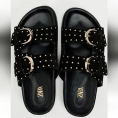 New With Tag Zara 2024 Collection Flat Leather Sandals. Wide Straps With Adjustable Buckles. Exterior Stud Detail. Round Toe. Sole Height: 1 Inch (2.5 Cm) Black | 2619/210 Upper 100% Cow Leather Lining 100% Goat Leather Sole 100% Sbs Insole 100% Goat Leather Leather Flat Heel Sandals For Party, Flat Heel Leather Sandals For Party, Chic Suede Sandals With Leather Footbed, Leather Sandals With Cushioned Footbed For Party, Flat Leather Mules For Party, Flat Leather Party Mules, Chic Leather Sandals With Textured Footbed, Chic Flat Footbed Sandals With Removable Insole, Black Suede Sandals For Summer