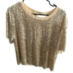 New, Never Worn. From A Smoke-Free, Pet-Free Home. Gold Short Sleeve Top For Summer, Gold Short Sleeve Tops For Spring, Gold Short Sleeve Tops With Sequins, Gold Short Sleeve Top With Sequins, Gold Sequined Short Sleeve Top, Gold Sequin Short Sleeve Top, Party Season Sequined Crew Neck T-shirt, Cotton Crew Neck T-shirt With Sequins, Pink Satin Blouse