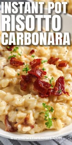 instant pot risotto carbonara with bacon and parsley in a white bowl