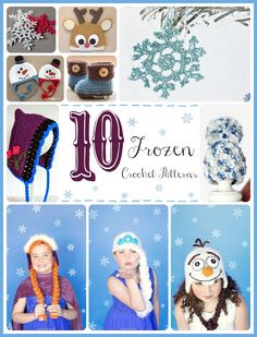 the cover of 10 frozen crochet patterns, including hats and mittenss