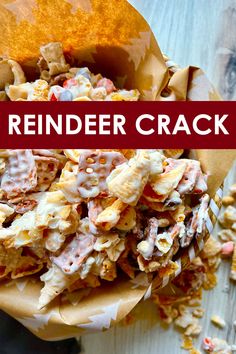 A basket of Reindeer Crack Snacks Made With Bugles, Bugles Snack Mix Recipes White Chocolate, White Chocolate Bugles, Bugle Snack Mix Recipes, Reindeer Cracker Snack, Snack Mixes For Christmas, Bugles Recipes, Bugle Recipes, Bugles Snack Mix Recipes