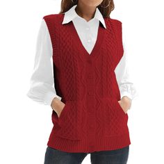 PRICES MAY VARY. Casual sweater vest is comfortable,breathable and skin-friendly.It is suitable for all figures as the soft stretchy fabric in loose fitting style. This vintage womens knit sweater vest is an exciting piece to have in your closet.Casual loose fit design can hide your tummy.And the preppy style retro pattern design adds some mystery to this cable knit sweater vest,and the smooth detail tailoring improves the texture of the pullover sweater vest. This oversized V neck tank tops wai Cable Knit Sweater Vest, Stylish Tank Tops, Womens Knit Sweater, Button Down Sweater, Sleeveless Sweater Vest, Knit Sweater Vest, Classic Sweater, Casual Sweater, Sleeveless Cardigan