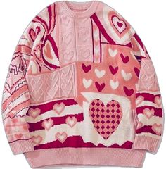 Cute Sweater For Streetwear, Pink Harajuku Style Winter Sweater, Y2k Patchwork Winter Tops, Trendy Pink Sweater With Graphic Print, Y2k Patchwork Tops For Winter, Cute Pink Sweater For Streetwear, Trendy Red Patchwork Sweater, Trendy Red Sweater With Patchwork, Pink Patchwork Cotton Sweater