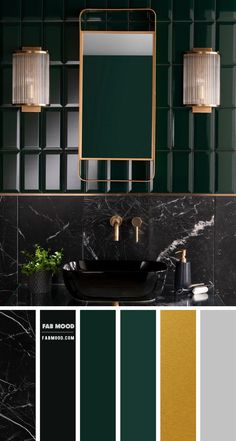 a bathroom with green walls and gold fixtures, including a mirror over the sink in front of it