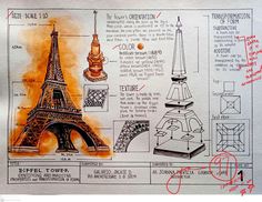 an architectural drawing of the eiffel tower in paris, with information about it