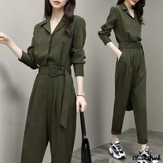 Olivia Mark - Military Green High-Waisted Jumpsuit: Wide-Legged Trousers, Utility Style, with Tapered Hems Green Long Sleeve Pantsuit With Pockets, Casual Long Sleeve Jumpsuits And Rompers For Office, Casual Green Long Sleeve Pantsuit, Casual Solid Color Pantsuit For Office, Fitted Casual Solid Color Pantsuit, Casual Office Jumpsuits And Rompers With Pockets, Green Belted Jumpsuits And Rompers For Work, Casual Full-length Jumpsuits And Rompers For Work, Khaki Long Sleeve Jumpsuits And Rompers For Work