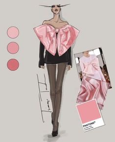 a fashion sketch with pink and black colors on the runway, including an image of a woman