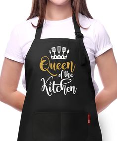 a woman wearing an apron with the words queen of the kitchen printed on it, standing in front of a white background