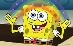 the spongebob is standing in front of a rainbow with his hands up and eyes wide open