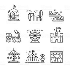 amusement park line icon set - buildings objects