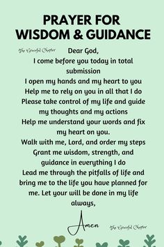 a poem written in green and black with the words prayer for wisdom and guidance