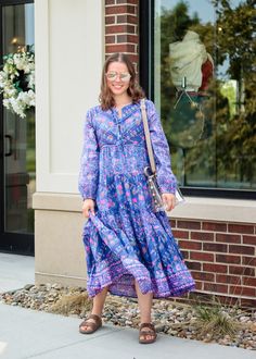 The color combination in the Kayla midi dress is mesmerizing. This flowy dress pairs well with boots or high heels for just about any occasion. Great for a date night or brunch with your girlfriends, the perfect boho dress for any boho gal. Details: 100% Indian cotton with a lining Machine washable, hang dry Small/medium fits size 2 to 6 and medium/large, fits size 6 to 10 Model is 5'4" and wearing a S/M Fall Midi Dress For Brunch, Purple Long Sleeve Midi Dress For Garden Party, Fall Brunch Mid-length Midi Dress, Bohemian Maxi Dress For Spring Date Night, Bohemian Maxi Dress For Date Night, Flowy Purple Maxi Dress For Fall, Casual Purple Maxi Dress For Fall, Casual Purple Midi Dress For Spring, Flowy Fall Maxi Dress For Day Out