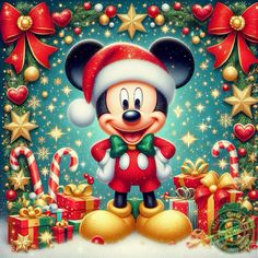 a mickey mouse christmas card with presents and decorations on it's sides, including candy canes