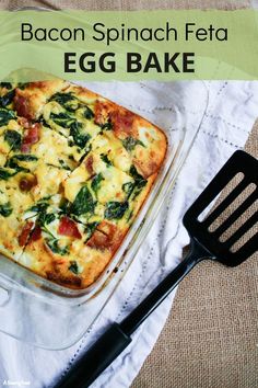 spinach, feta and bacon egg bake in a casserole dish