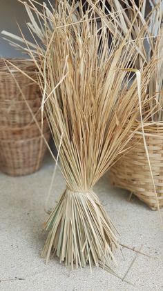 several baskets with grass in them sitting on the floor