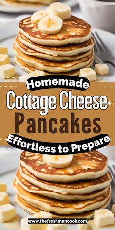 homemade cottage cheese pancakes on a plate with butter and syrup in the background text reads homemade cottage cheese pancakes effortless to prepare