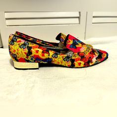 Cute Pair Of Multi Color Butterfly Print Slip On Loafers With A 3/4” Gold Heel They Are A Ladies Size 7 These Are As Comfortable As They Are Cute And Come Brand New But No Longer Have The Box Summer Flat Loafers, Casual Multicolor Loafers For Spring, Multicolor Flat Heel Loafers For Spring, Summer Slip-on Loafers With Low Heel, Multicolor Closed Toe Loafers For Spring, Casual Multicolor Loafers With Round Toe, Casual Synthetic Party Loafers, Trendy Party Loafers For Spring, Casual Synthetic Loafers For Party