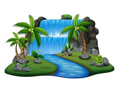 an island with waterfall and palm trees