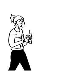 a black and white drawing of a woman holding a drink in one hand and a cell phone in the other