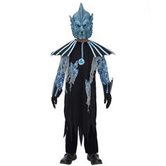 a person in a costume that looks like a creature with blue eyes and black hair