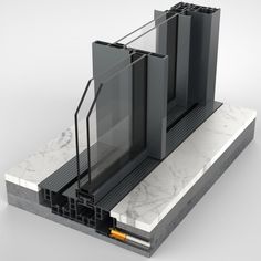 an architectural model of a building with glass doors and metal bars attached to the sides