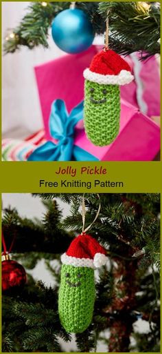 two christmas ornaments hanging from a tree with the words jolly pickle free knitting pattern