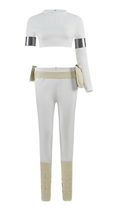 a white top and pants with gold trims