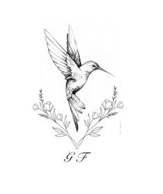 a hummingbird flying over some flowers with the letter e on it's side