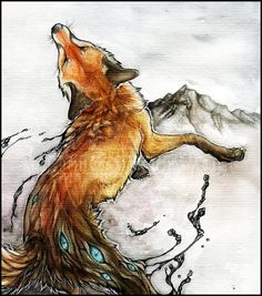 a drawing of a fox jumping up into the air with its mouth open and eyes wide open