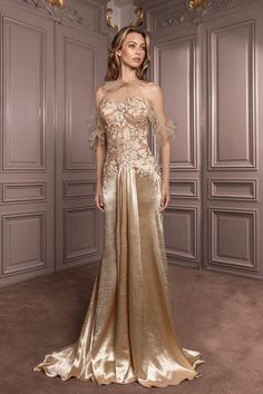 Lurex gown with floral embroidery – HerTrove Evening Gold Dress, Tulle Neckline, Wedding Portfolio, Embroidered Bodice, Flared Dress, Gold Satin, Stunning Gowns, Satin Skirt, Bride Dresses