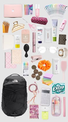 the contents of a backpack are shown in this collage, including pens, pencils, and other items