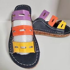 Adorable Purple, Orange, And Yellow Striped Sandals With Cork Heels. Sz. 8-9 Nwot Cork Heels, Orange And Yellow, Purple Orange, Yellow Stripes, Orange And Purple, Heeled Sandals, Color Orange, Women's Shoes Sandals, Cork