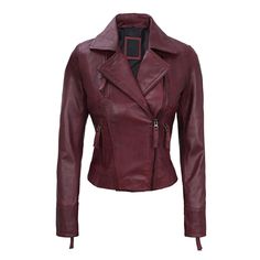 Redefine your wardrobe with our Women's Maroon Biker Leather Jacket. This striking jacket, in a deep shade of maroon, combines the bold asymmetry of biker jackets with the luxury of real leather. Tailored to accentuate the modern woman's charisma, this piece is an impeccable blend of edge and elegance. Specification: 100% Real Lambskin Leather. Colour: Waxed Maroon. Style: Biker. Lining: Internal full lined with soft polyester lining . Collar: Asymmetrical collar with smooth zip YKK closure. Poc Fitted Burgundy Biker Jacket With Zipper, Fitted Burgundy Biker Jacket With Zipper Closure, Winter Burgundy Biker Jacket, Burgundy Long Sleeve Biker Jacket For Winter, Burgundy Leather Jacket With Zipper For Winter, Burgundy Leather Jacket With Long Sleeves, Fitted Burgundy Leather Biker Jacket, Burgundy Long-sleeve Leather Jacket, Burgundy Leather Winter Outerwear