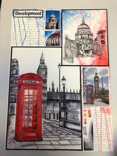 a collage of pictures with buildings and a red phone booth in the middle is shown