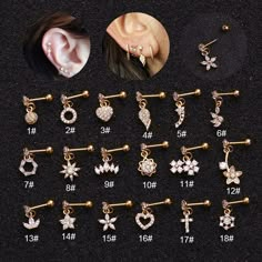 various types of ear piercings are shown on a black surface with an image of a woman's face behind them