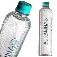 a water bottle with a green cap next to an empty water bottle on a white background