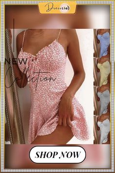 Women's Summer Fashion Spaghetti Strap Floral Print Tie Front Mini Dress Sexy Dress Floral Print Cami Mini Dress For Party, Party Cami Mini Dress With Floral Print, Flirty Camisole Mini Dress For Summer, Pink Summer Suspender Dress With Spaghetti Straps, Pink Suspender Dress With Spaghetti Straps For Beach, Pink Cami Mini Dress For Summer, Pink Strappy Mini Dress For The Beach, Trendy Summer Camisole Mini Dress, Flirty V-neck Suspender Dress For Summer